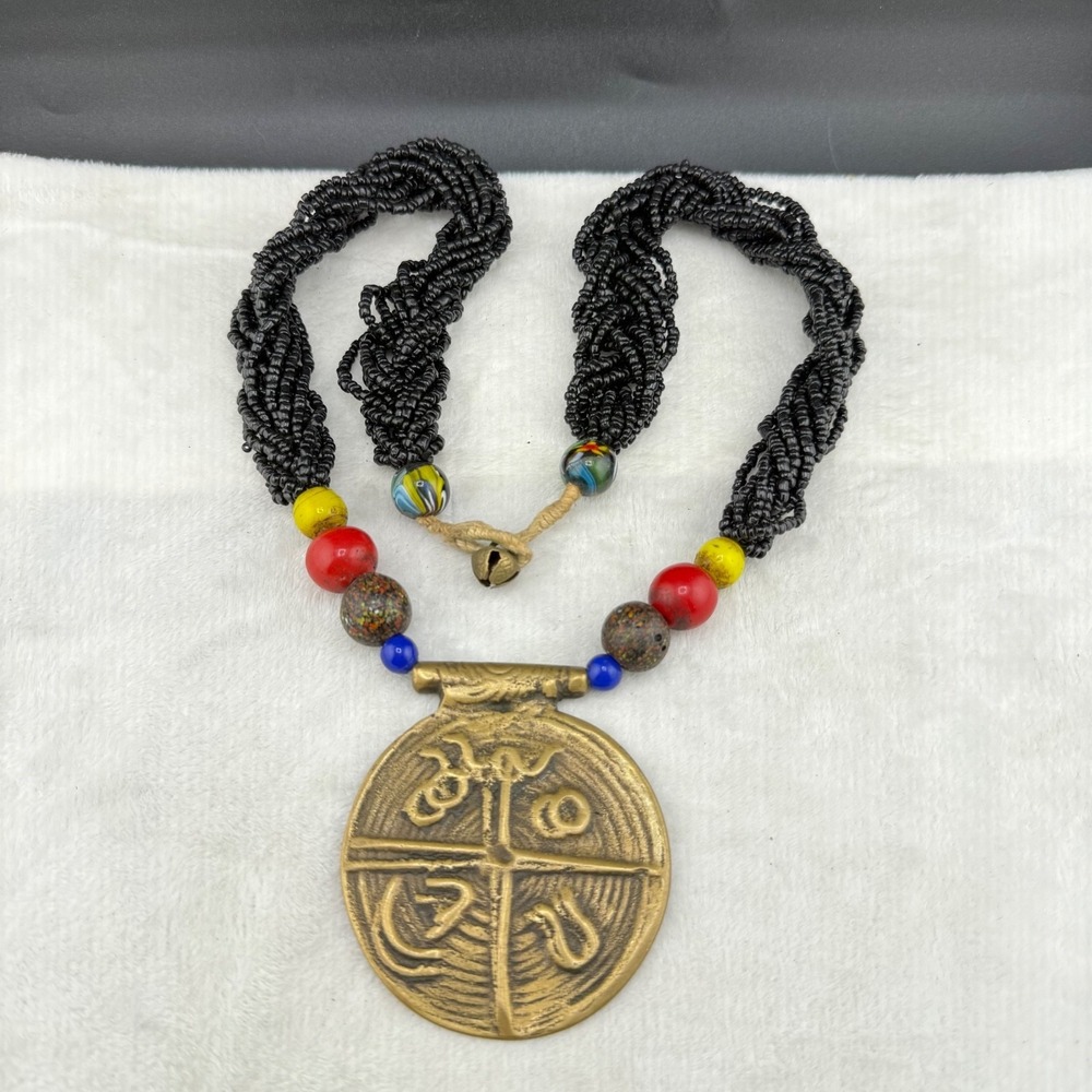 Vintage Boho Necklace Tibetan Banjara Beaded Medallion 26"